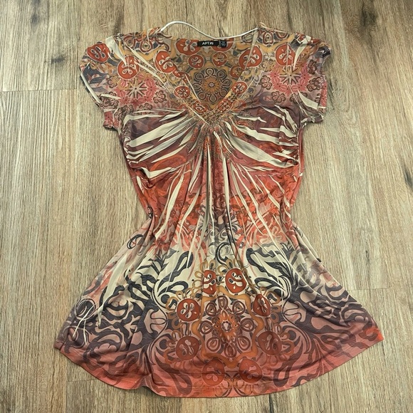 Vtg Y2K Apt 9 Blouse Top Women’s S Boho Grunge Embellished Babydoll Sublimation - Picture 1 of 8